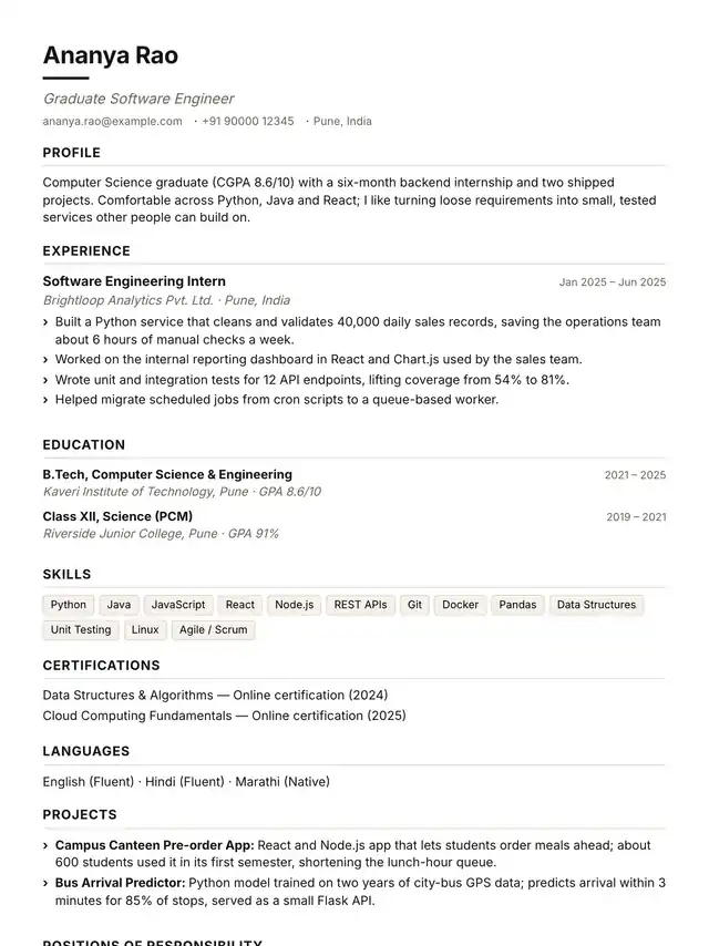 ATS Classic résumé template, rendered with a sample résumé